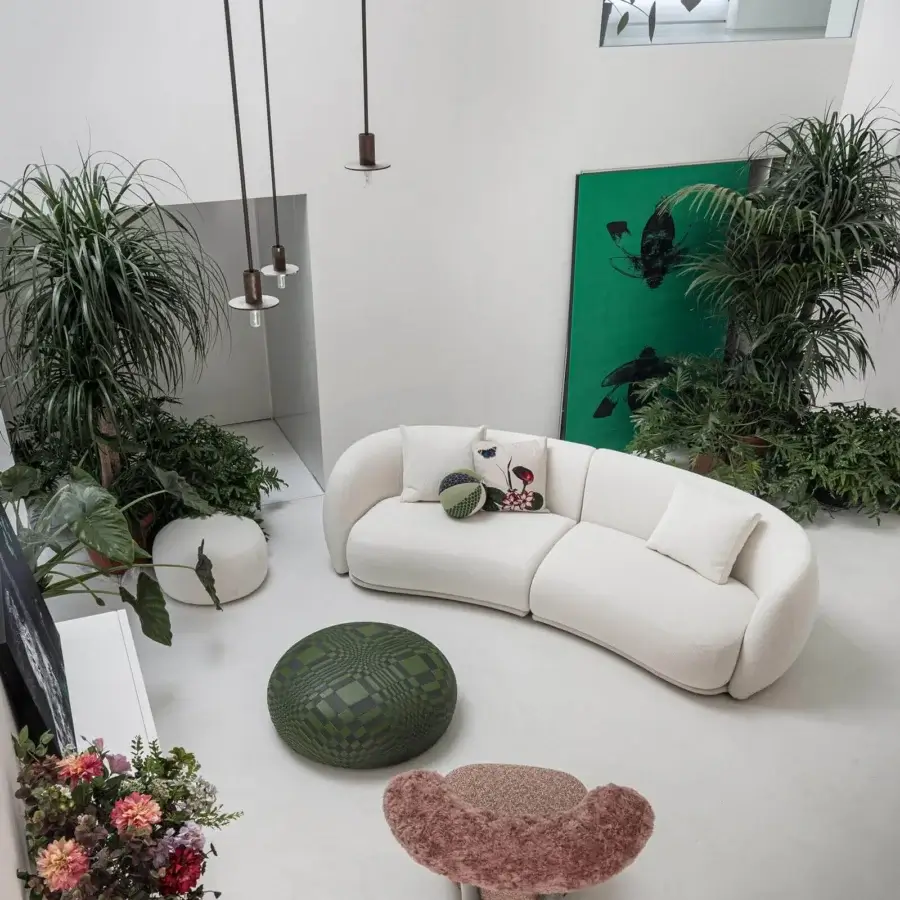 Superior Moroso Pacific sofa with organic silhouette upholstered in crisp white textile and matte finish