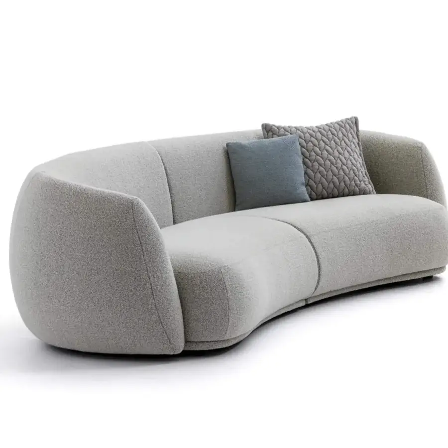 Refined Moroso Pacific sofa with enveloping rounded silhouette upholstered in light grey textile and matte finish