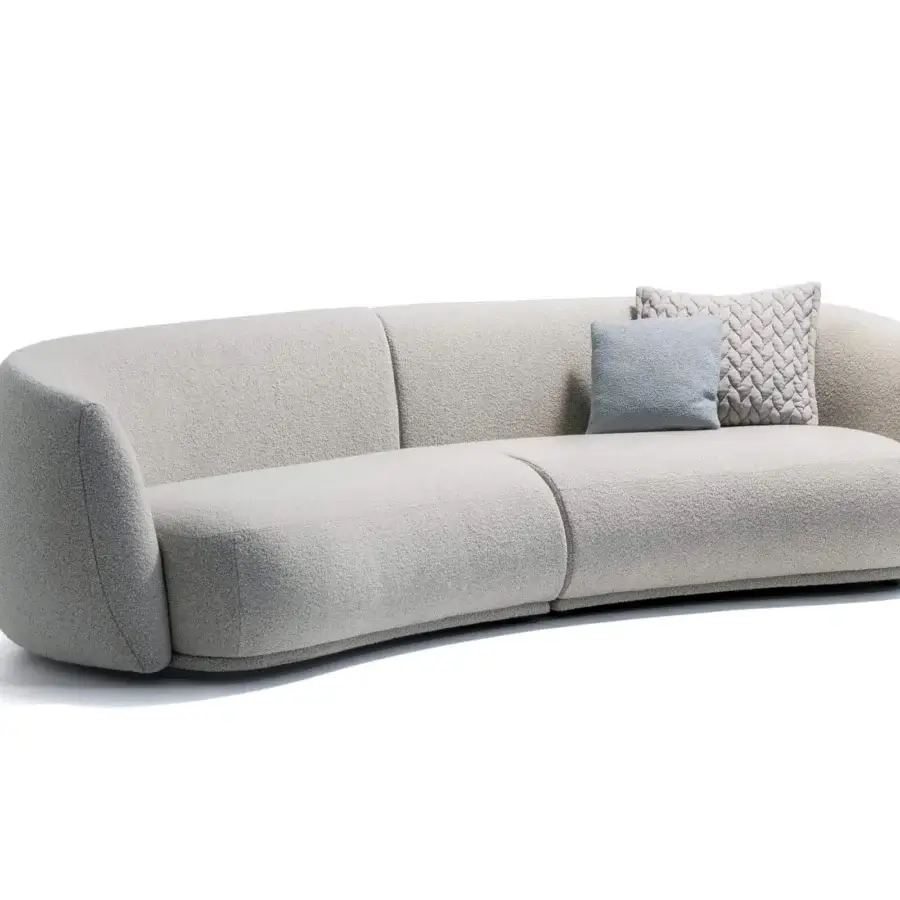 Superior Moroso Pacific sofa with relaxed silhouette upholstered in light gray boucle fabric and Italian craftsmanship