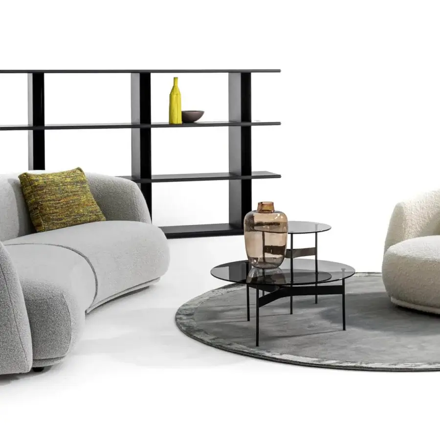 Distinguished Moroso Pacific sofa with curved organic silhouette upholstered in light grey textured fabric and black polypropylene glides