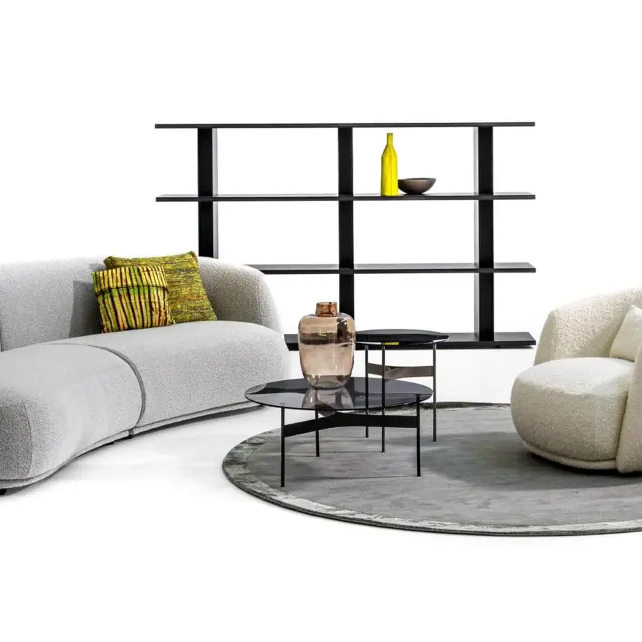 Exceptional Moroso Pacific sofa with rounded silhouette upholstered in light gray subtly textured textile and wood steel structure