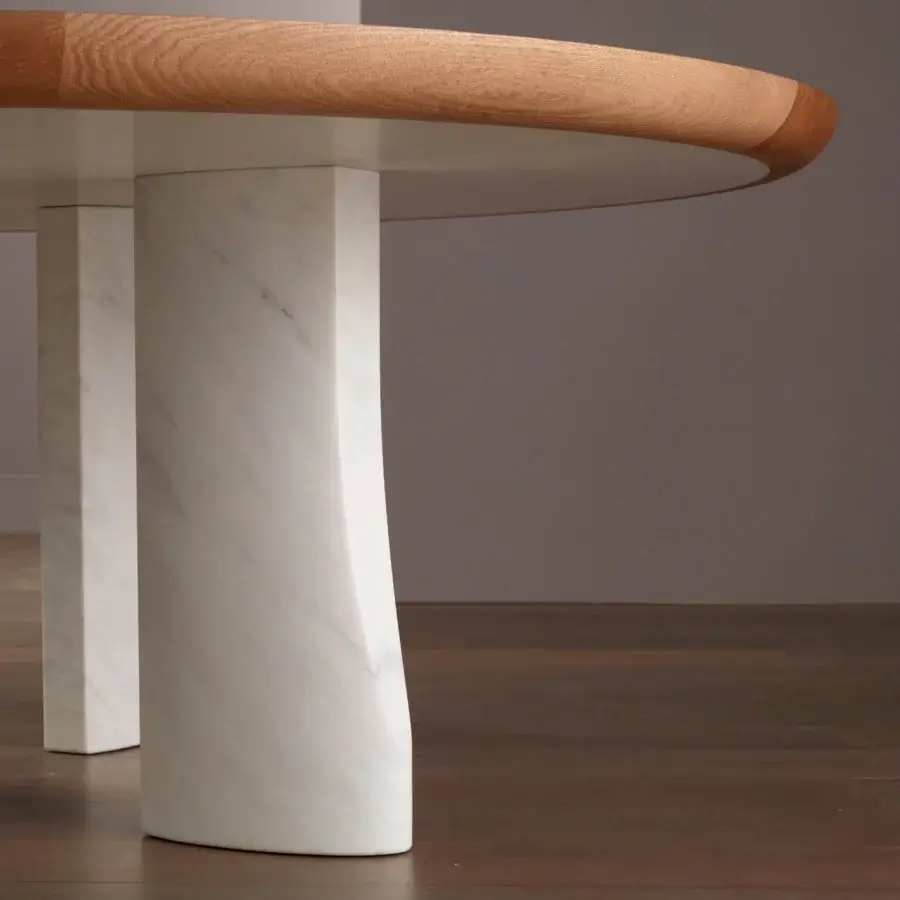 Elegant Bellavista Michelangelo table built with light brown solid oak, a refined marble insert, and sleek white marble legs