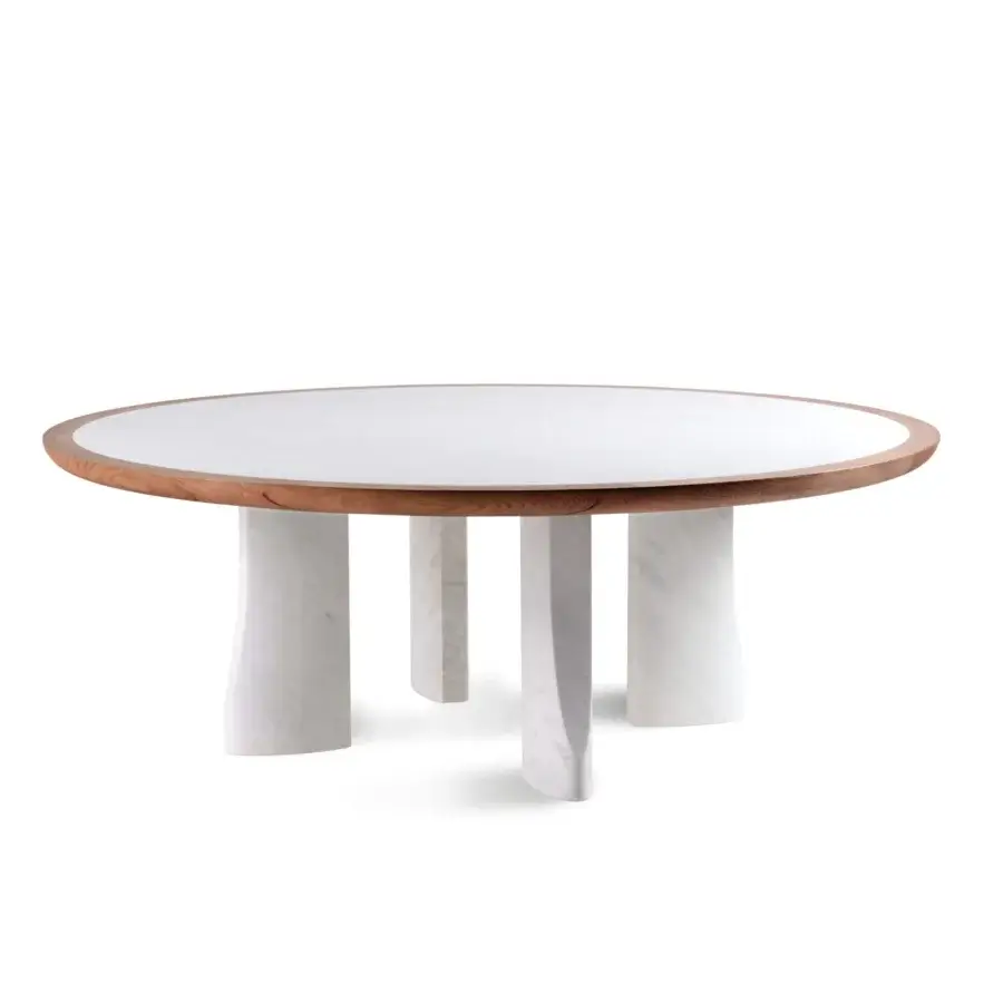 Distinguished Bellavista Michelangelo table crafted in solid oak with a refined marble insert and sculptural marble legs