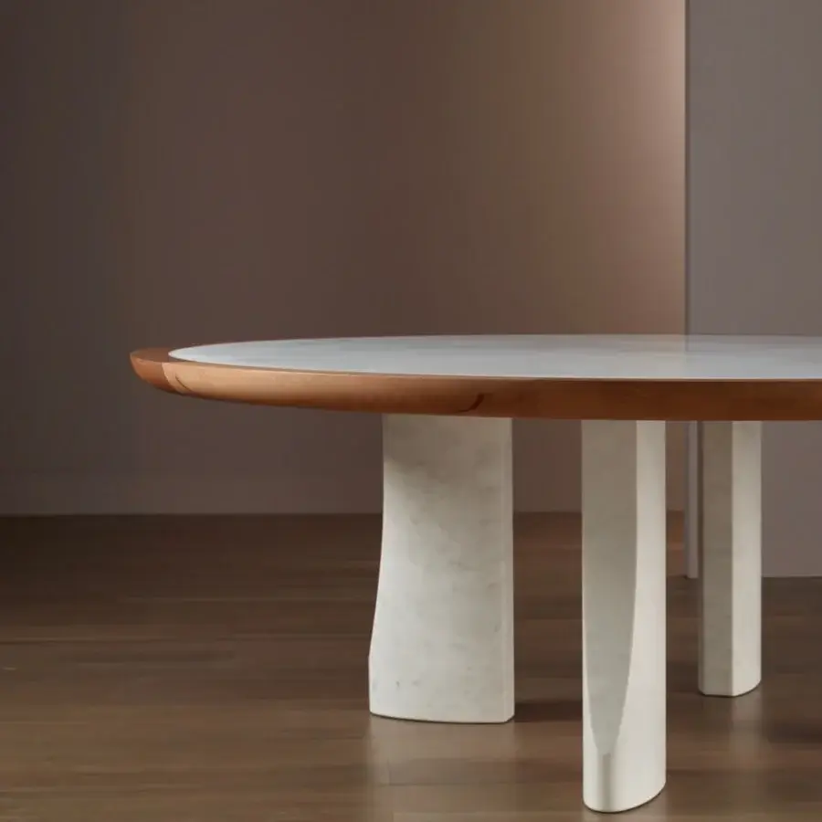 Exceptional Bellavista Michelangelo table built with light marble inset within warm, natural-grain solid oak and curved marble supports