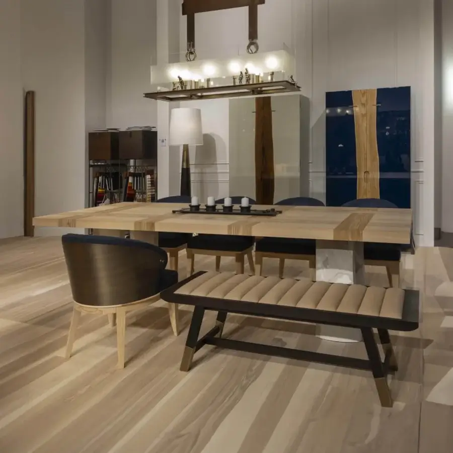 Distinguished Bellavista Michelangelo table with inlaid Italian poplar and olive ashwood, built with a solid marble base