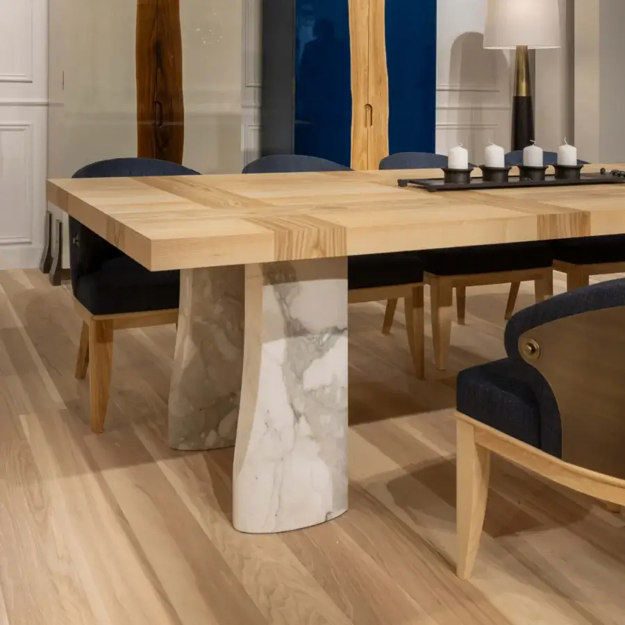 Superior Bellavista Michelangelo table in Italian poplar and olive ashwood with white marble columns and stained finish