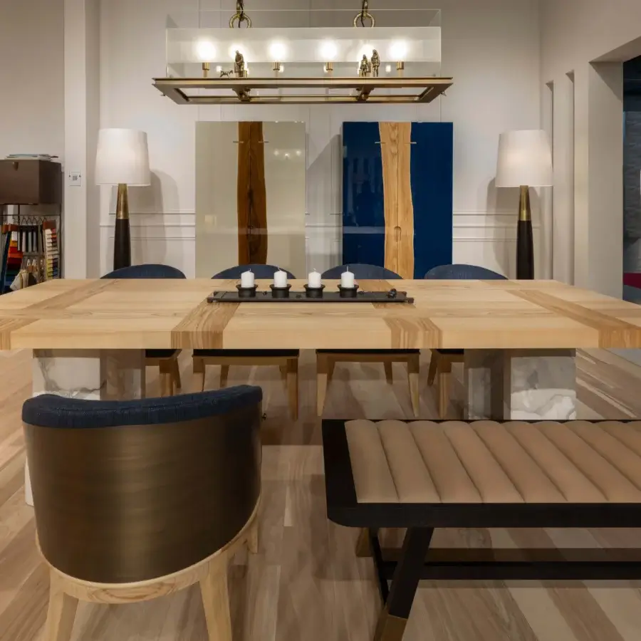 Distinguished Bellavista Michelangelo table crafted in Italian poplar with white and natural stained olive ashwood inlay