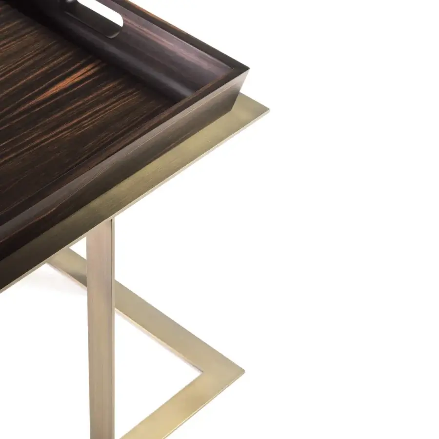 Distinguished Bellavista Ambross side table with solid ashwood tray in dark and reddish-brown tones and brushed brass-like metal base