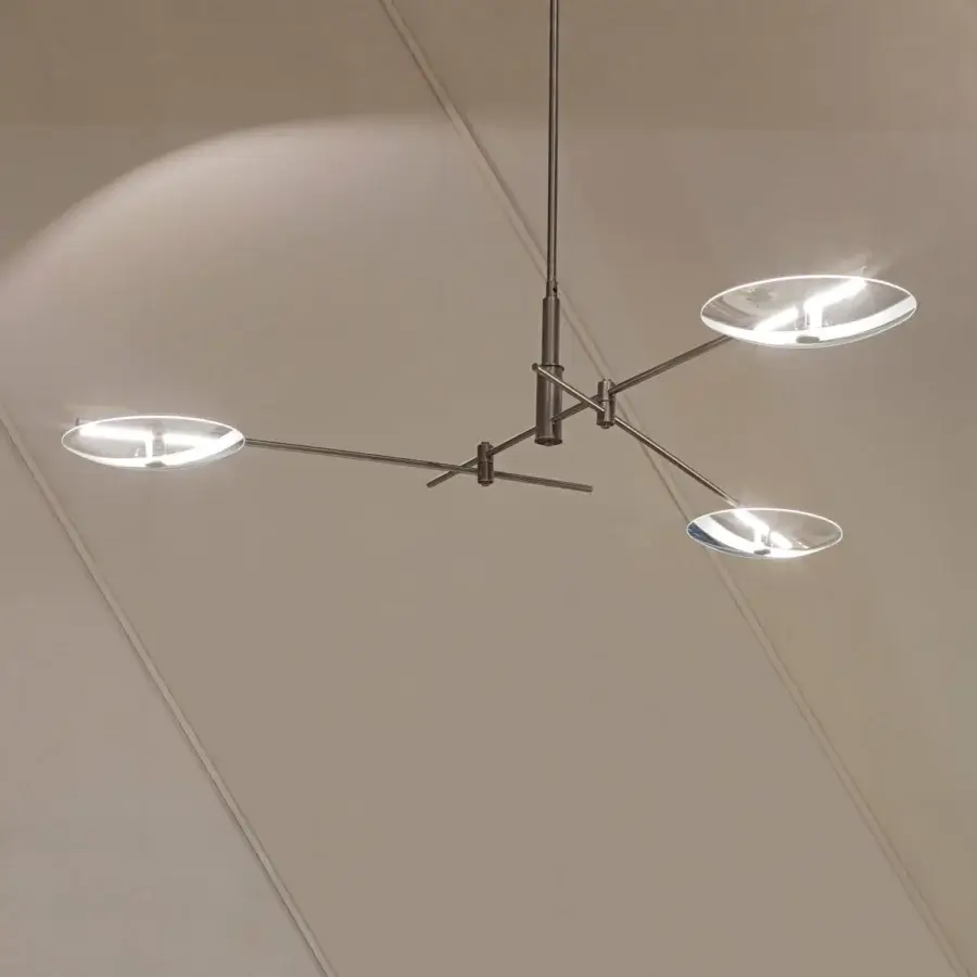 Innovative Turri Zero Suspension Lamp with intersecting tubular arms and glass discs in matte silver finish