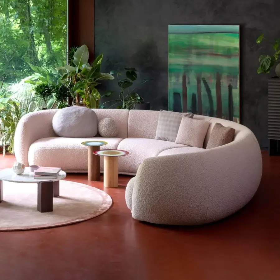 Lavish Moroso Pacific sectional crafted in Italy with looped light pink textile and a rounded silhouette