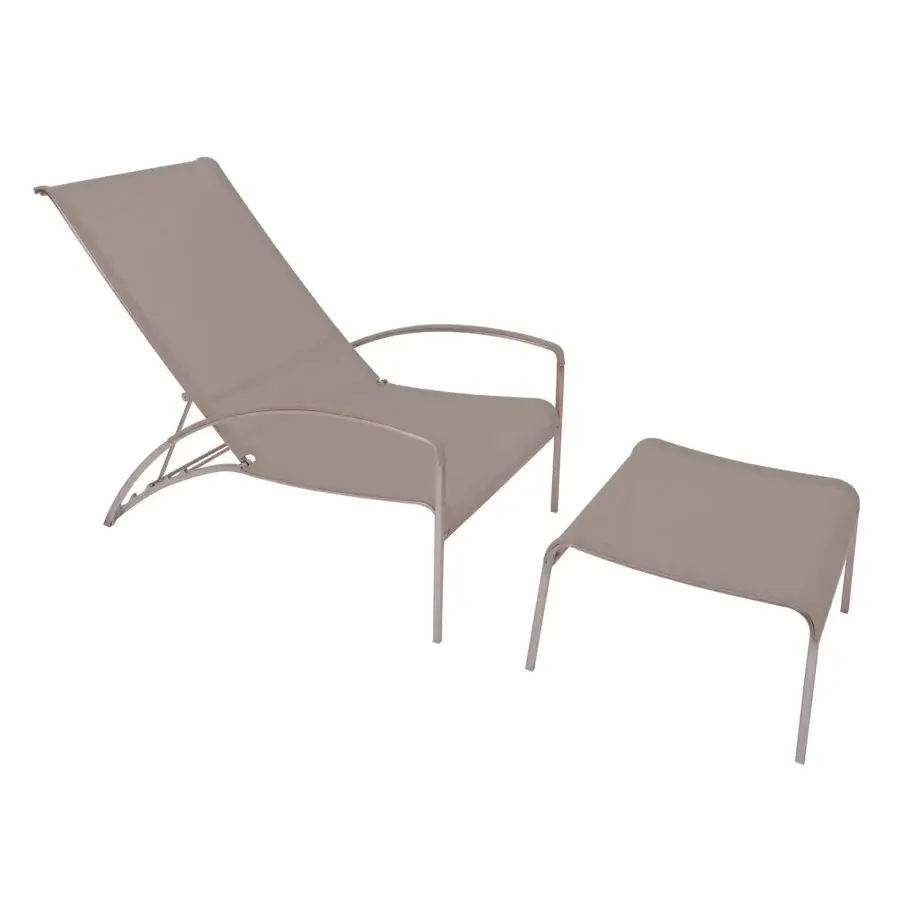 Sophisticated Royal Botania QT lounger with light brownish-gray Batyline fabric and a brushed stainless steel frame