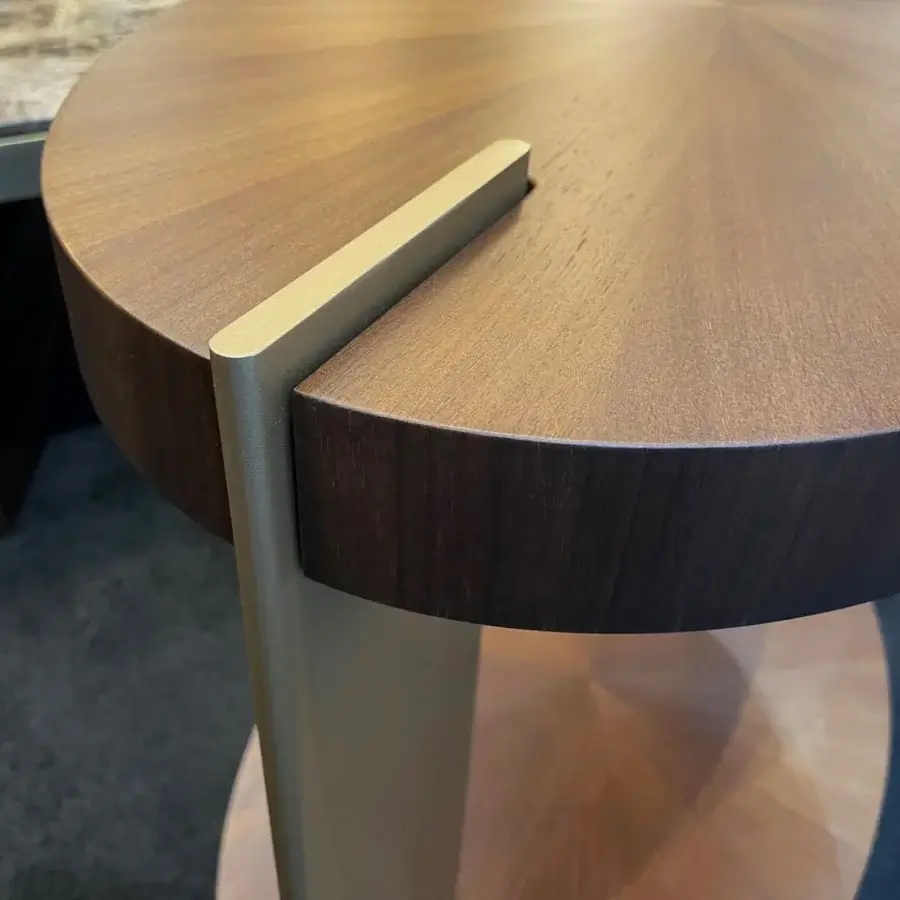 Exceptional Bellavista Apollo side table with dark brown wood grain and light gold aluminum support structure crafted in Italy