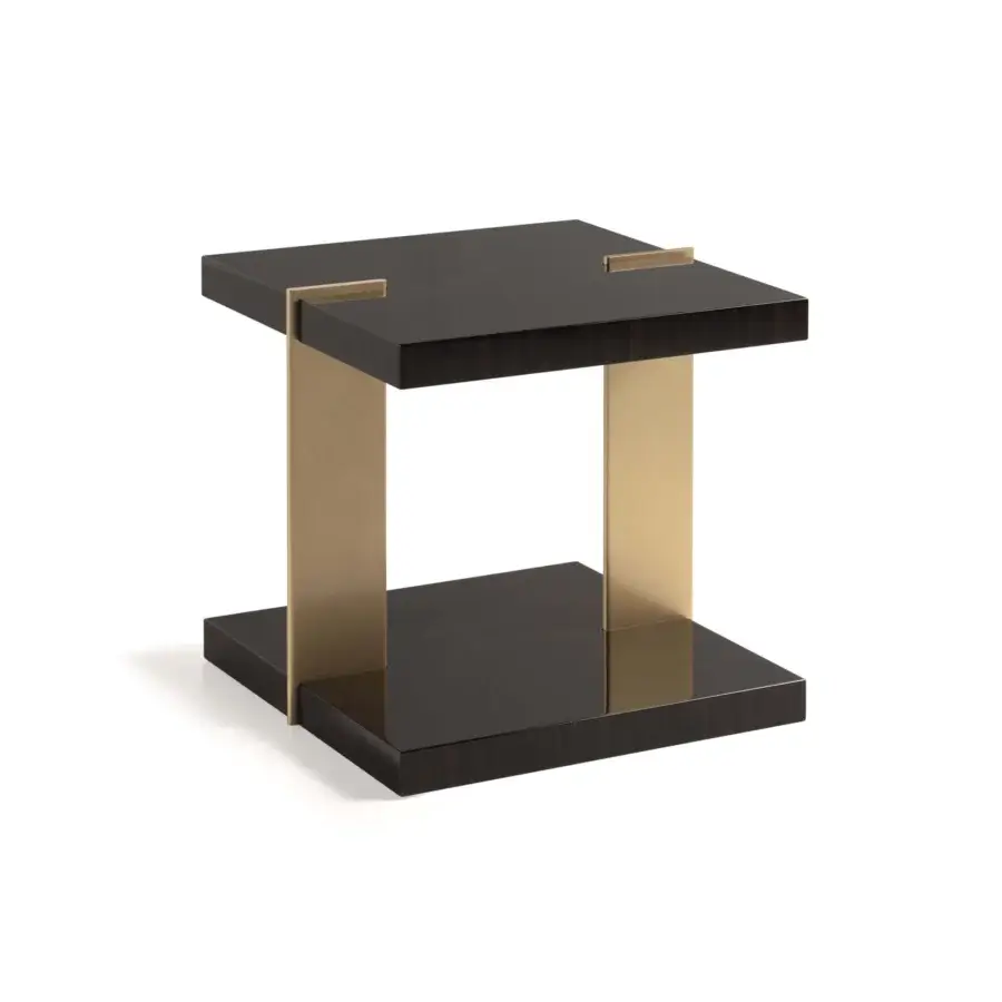 Distinguished Bellavista Apollo side table with Italian poplar and European wood veneer in dark brown high-gloss finish with golden aluminum supports