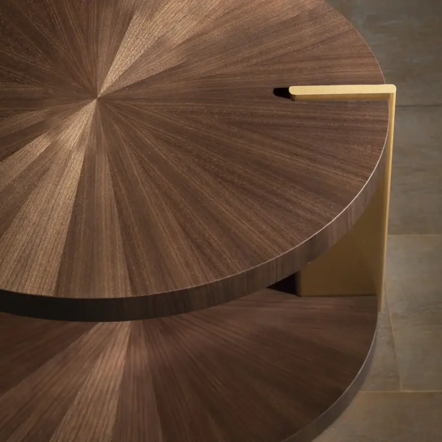Exceptional Bellavista Apollo side table crafted with Italian poplar and exotic wood veneer with gold aluminum