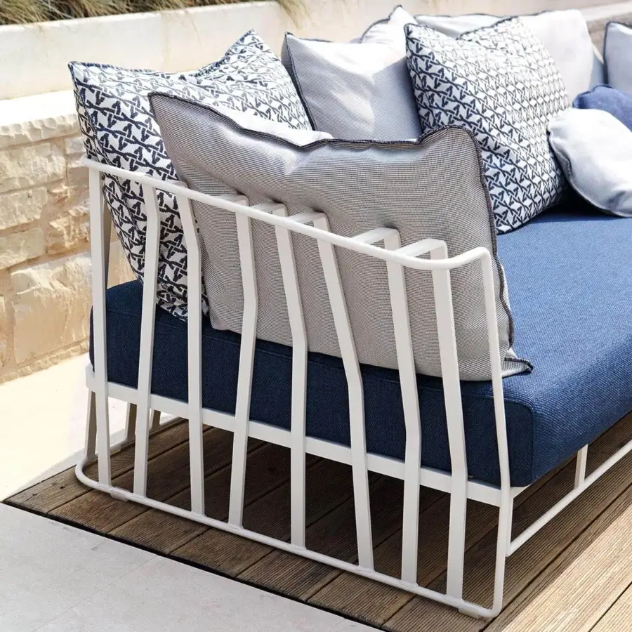 Exclusive Roberti Rattan Hamptons Graphics sofa with a powder-coated aluminum frame and blue geometric textile upholstery