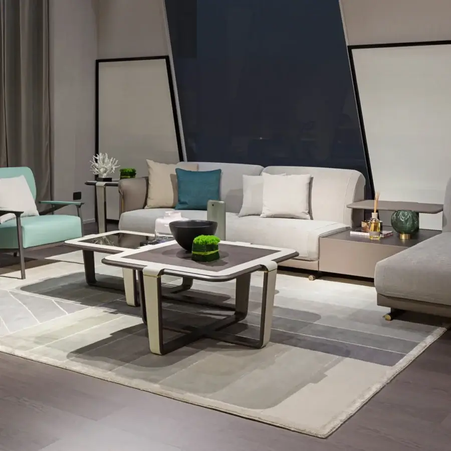 Distinguished Turri Zero rug hand-knotted with wool and silk in intersecting geometric rectangles of grey, beige, and off-white