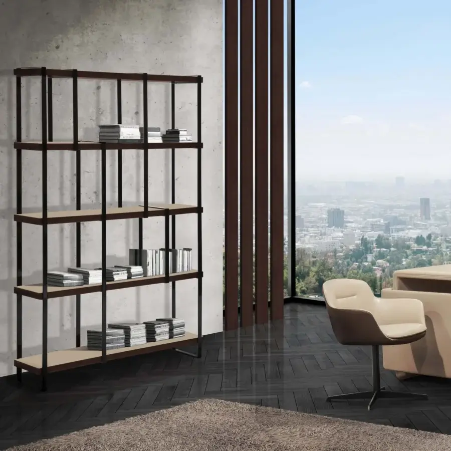 Superior Formitalia Fortytwo bookcase with light beige wood veneer shelves and a dark contrasting frame crafted in Italy