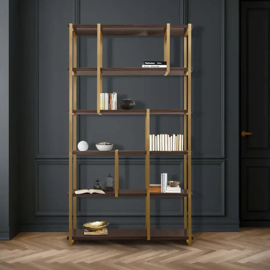 Distinguished Formitalia Fortytwo bookcase with dark brown wood veneer shelves and a striking gold metal structure