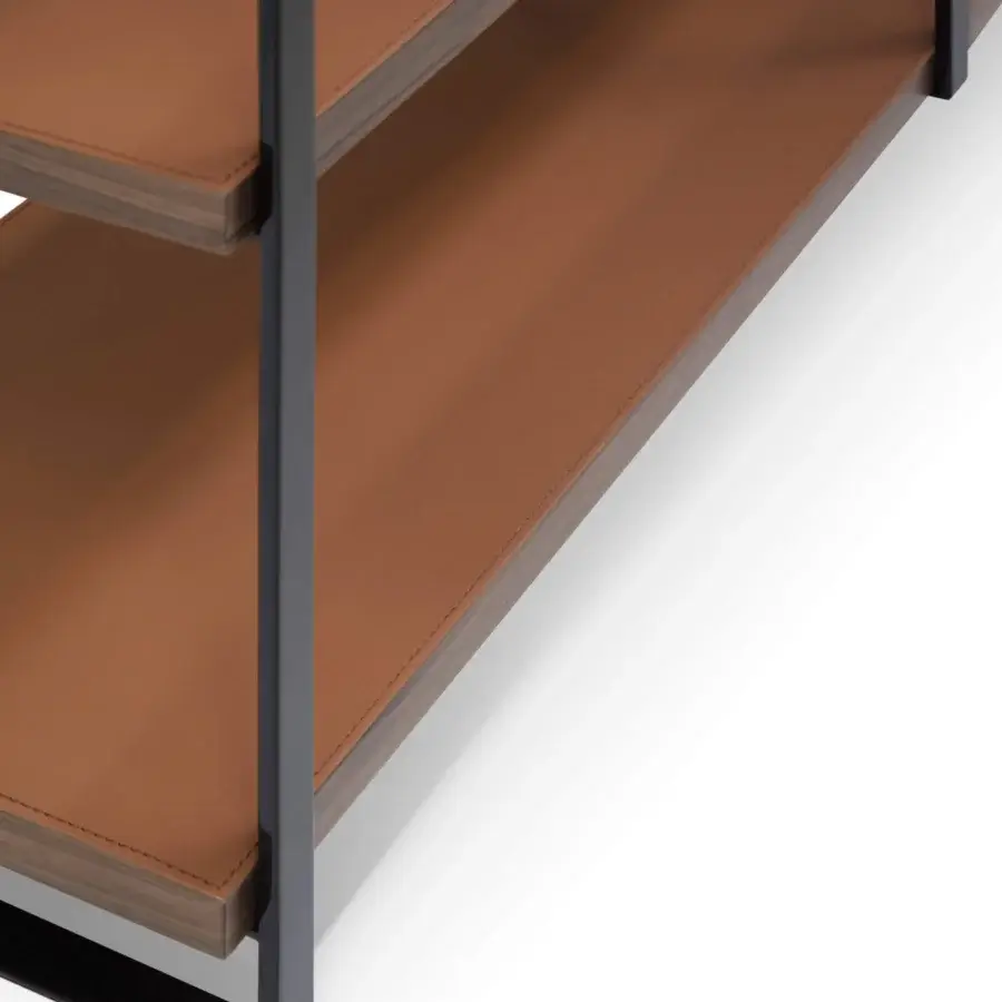 Exceptional Formitalia Fortytwo bookcase with wood veneer shelves lined in lighter brown and a dark gray powder-coated metal structure
