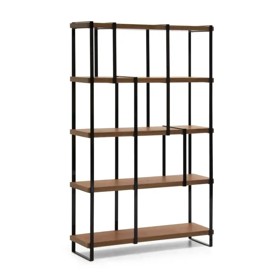 Elegant Formitalia Fortytwo bookcase with medium brown wood veneer shelves encased in a sleek black metal frame