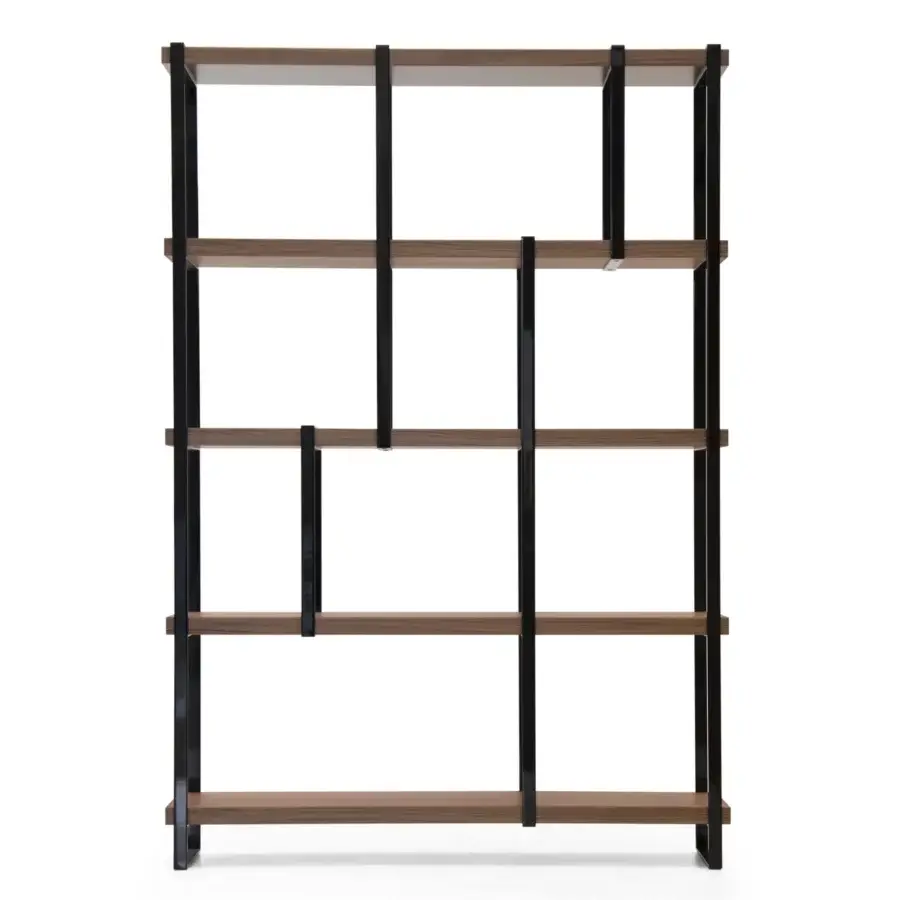 Superior Formitalia Fortytwo bookcase with medium brown wood veneer shelves and matte black metal structure