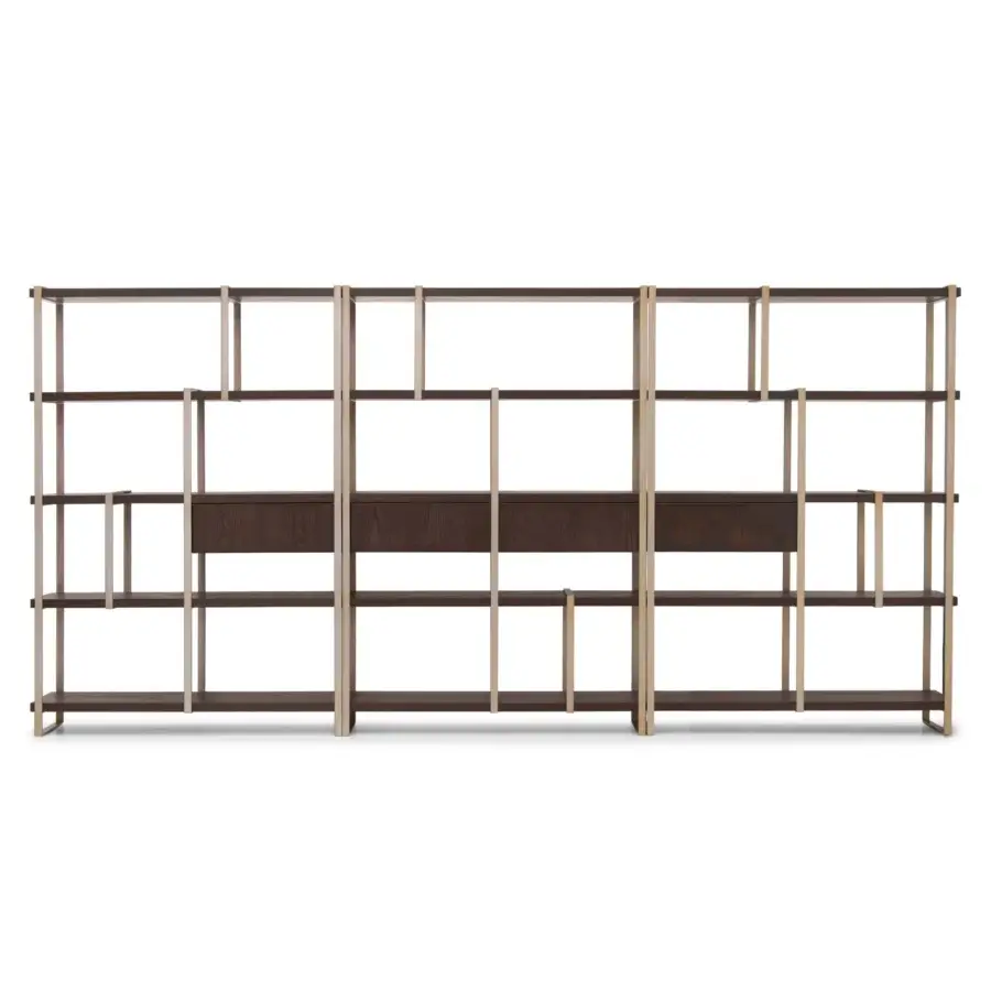 Exceptional Formitalia Fortytwo bookcase in dark brown wood veneer with a contrasting light-toned wood veneer structure crafted in Italy