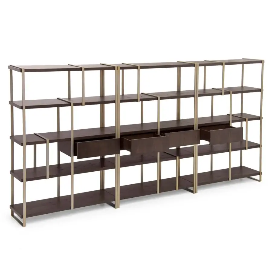 Elegant Formitalia Fortytwo bookcase in dark brown wood veneer with a light gold-tone metal framework and three drawers built within its tiers