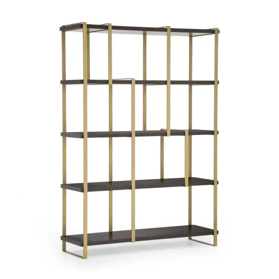 Superior Formitalia Fortytwo bookcase in dark brown wood veneer with a slender golden-toned metal frame