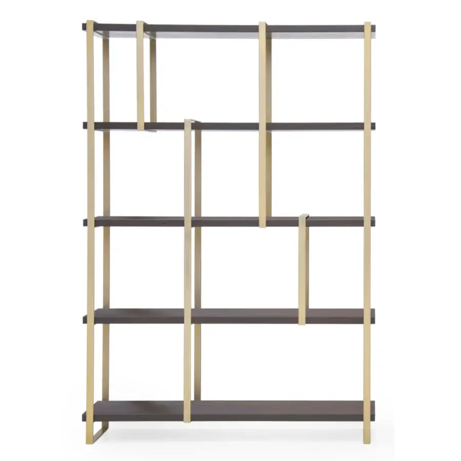 Distinguished Formitalia Fortytwo bookcase crafted in dark wood veneer with light gold toned metal supports and an asymmetrical finish