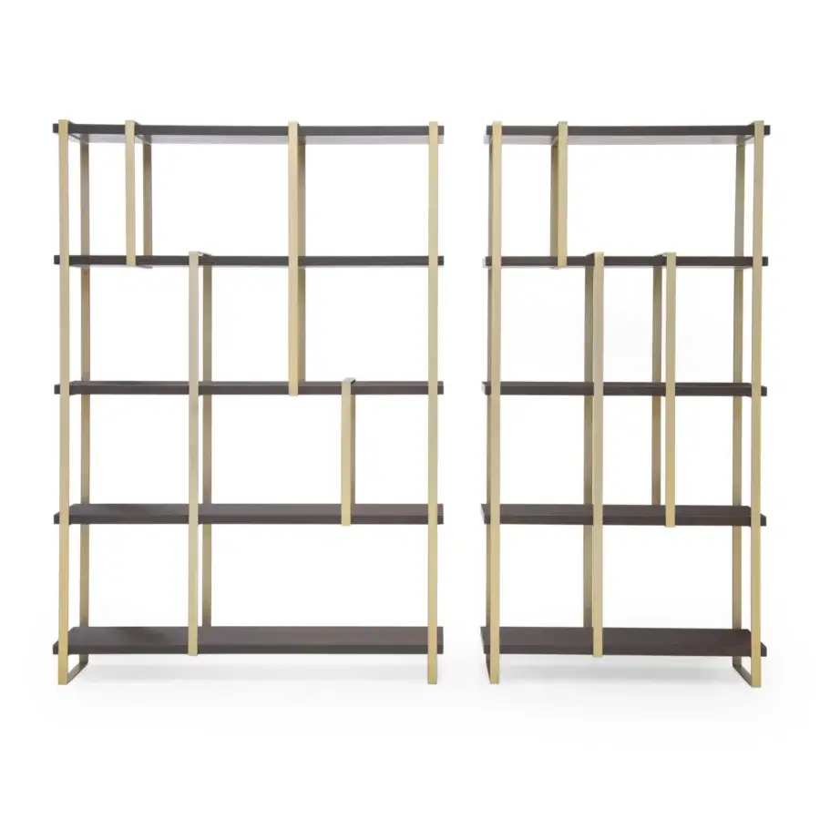 Exceptional Formitalia Fortytwo bookcase crafted in dark brown wood veneer with light gold finished metal