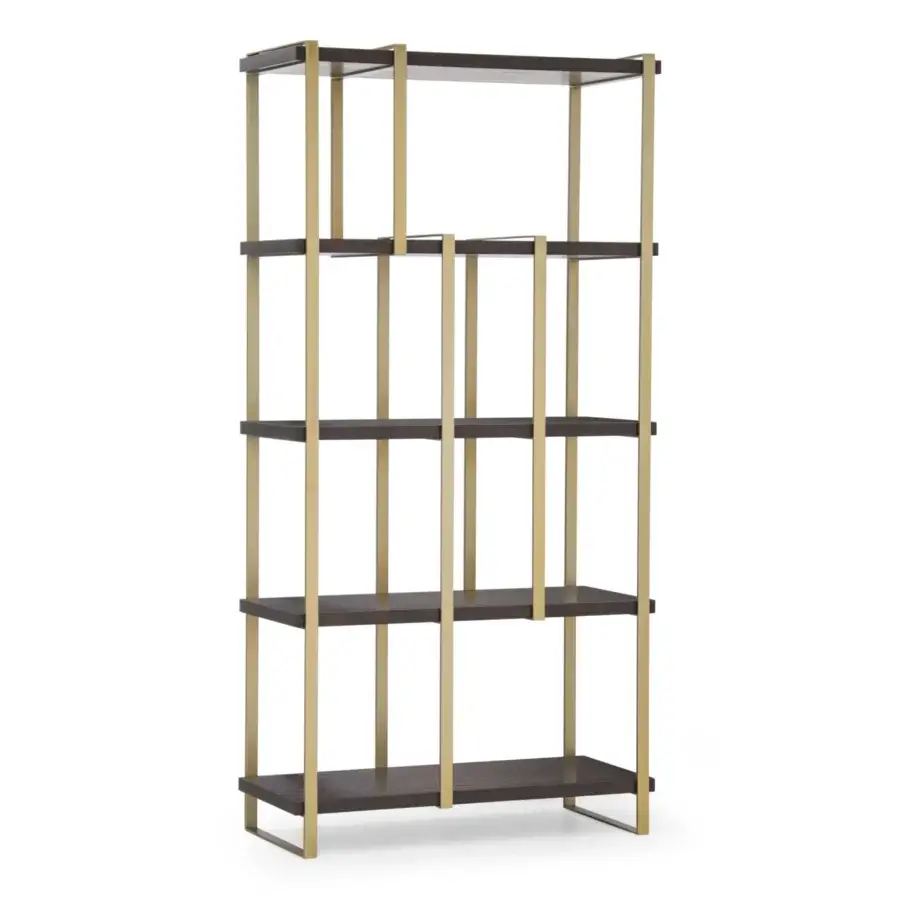 Lavish Formitalia Fortytwo bookcase crafted in dark brown wood veneer with a light gold metal framework and varying bar lengths
