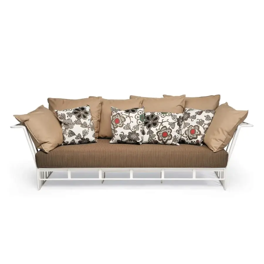 Superior Roberti Rattan Hamptons Graphics sofa with a glossy white powder coated aluminum structure and brown striped textile upholstery