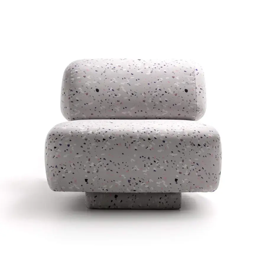 Elegant Moroso Gogan lounge chair with light gray speckled fabric upholstery and a sculpted wooden structure built with black polypropylene glides