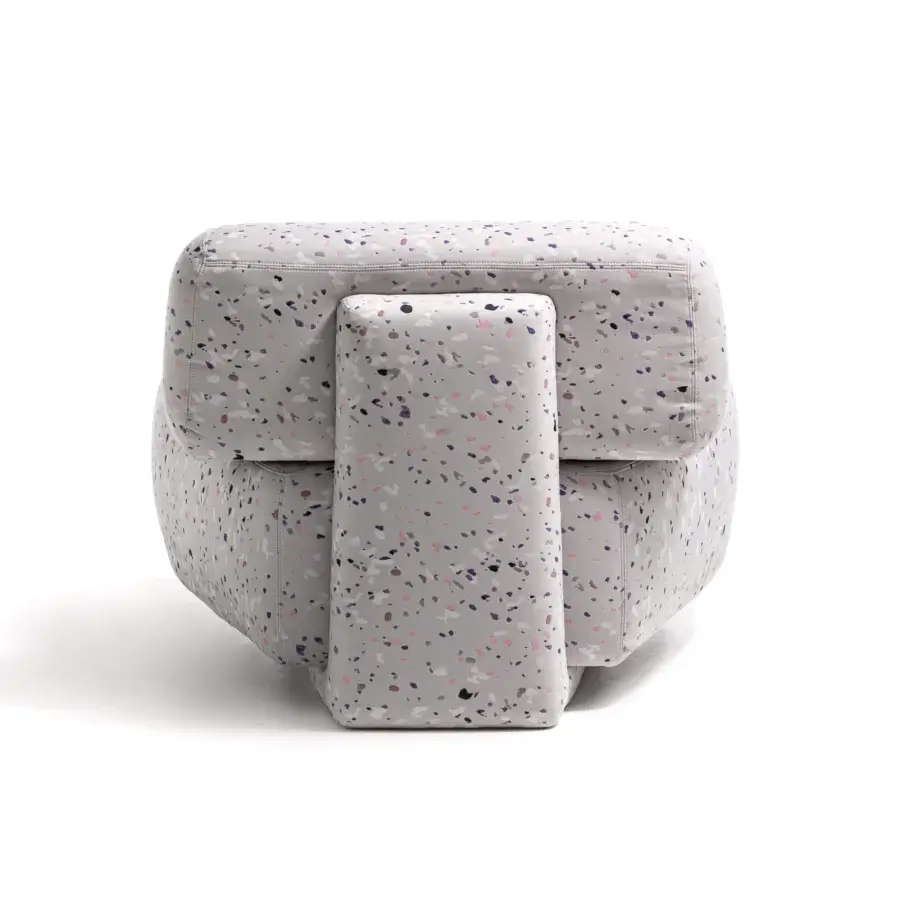 Exceptional Moroso Gogan lounge chair crafted with light gray speckled textile upholstery and black polypropylene glides