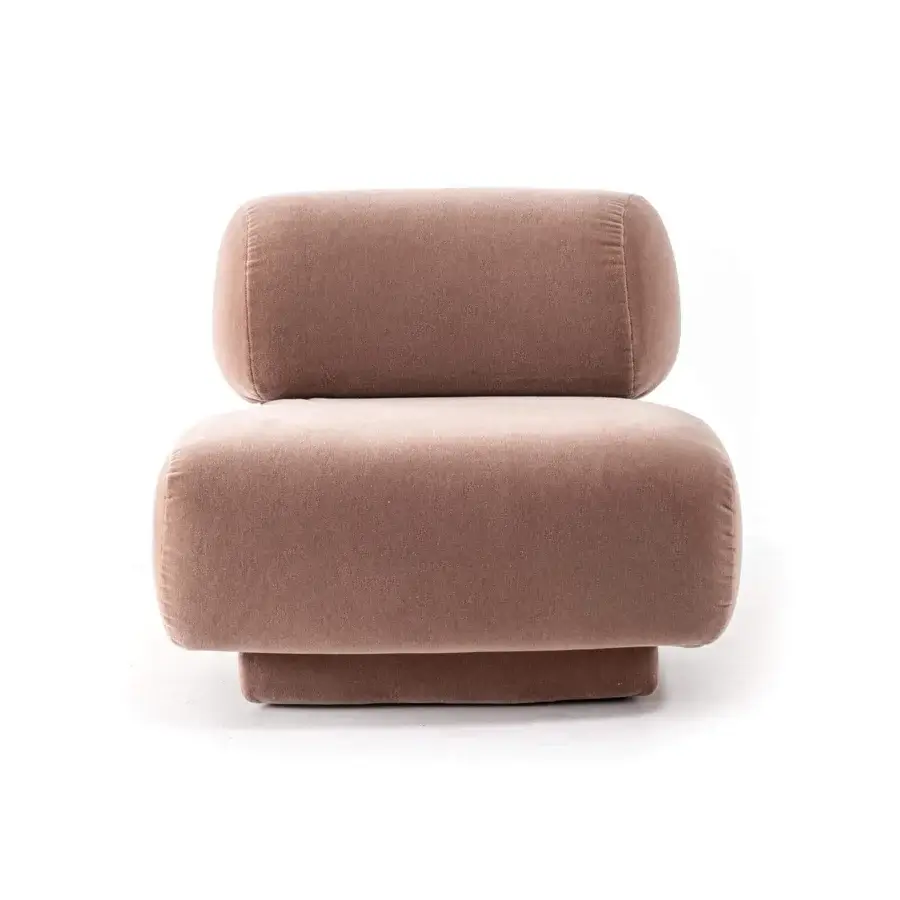 Innovative Moroso Gogan lounge chair with brownish-pink fabric upholstery and wooden structure built with polyurethane foam plus black glides