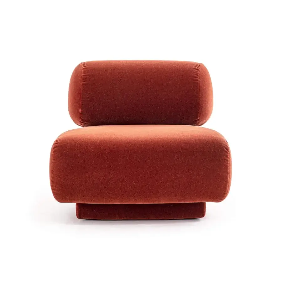 Distinguished Moroso Gogan lounge chair with rust-orange textile upholstery and a uniform matte finish built with a wooden structure