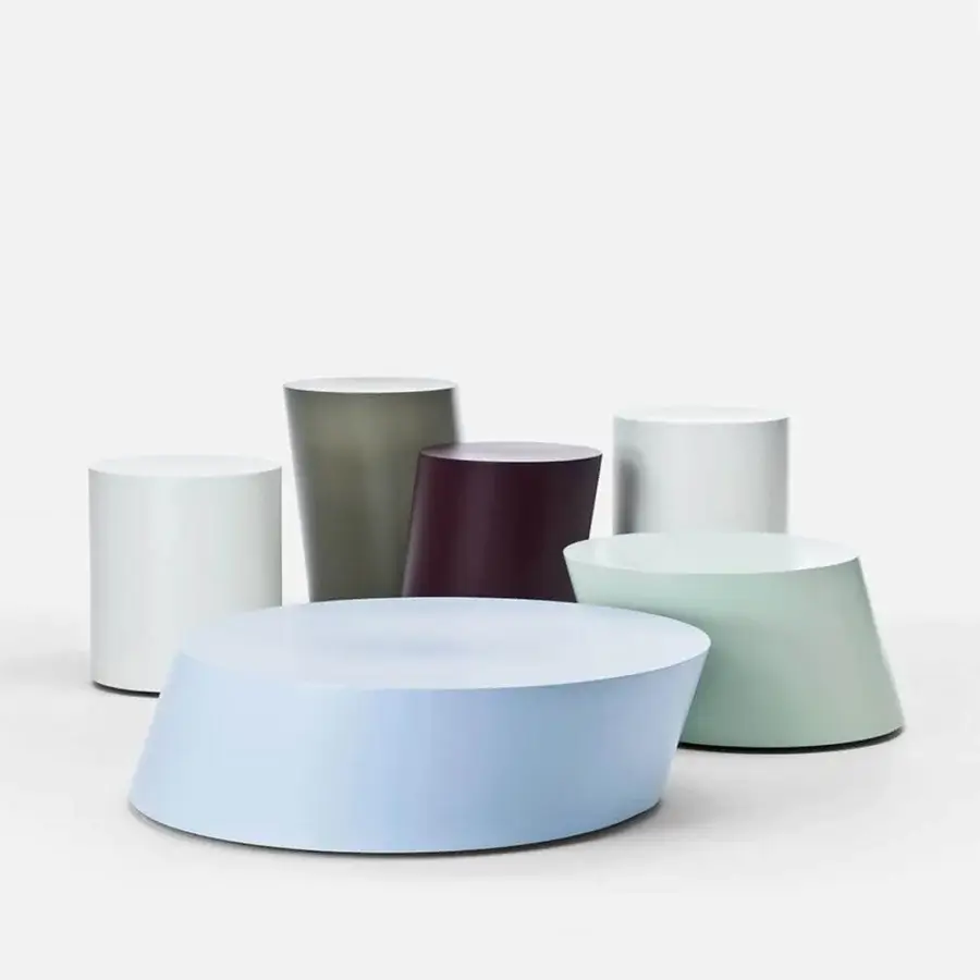 Exceptional LaCividina Scancaro coffee table crafted with lacquered sheet metal and felt base in a light blue matte finish