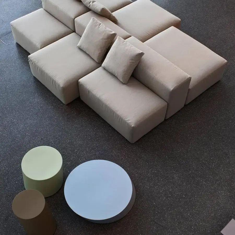Superior LaCividina Scancaro coffee table built with sheet metal and MDF, displaying a cool light blue matte lacquered surface