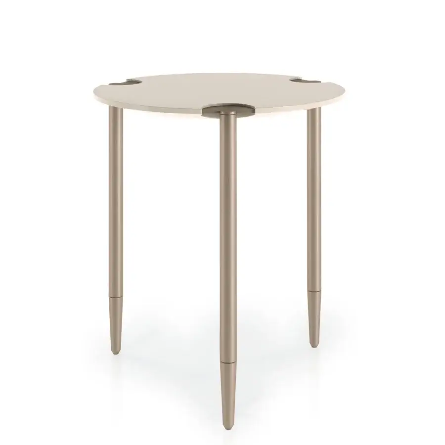 Superior Turri Zero table with thin metal legs and lacquered wood displaying a smooth matte light tan finish