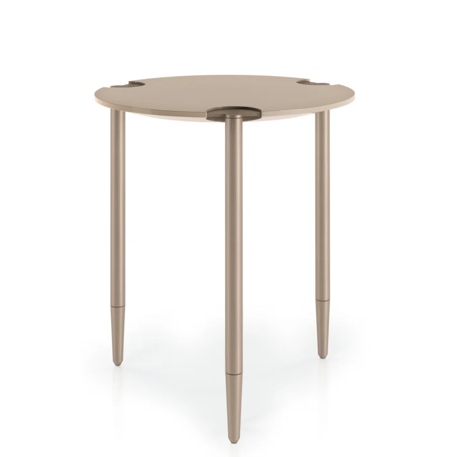 Elegant Turri Zero table with thin metal legs supporting lacquered wood in a uniform light brown matte finish