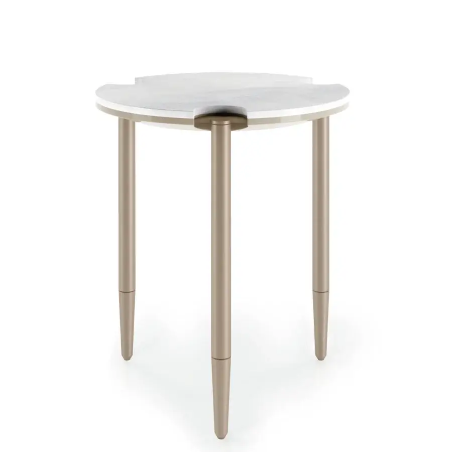 Elegant Turri Zero table with round light gray and white tabletop, supported by muted gold-toned metal legs