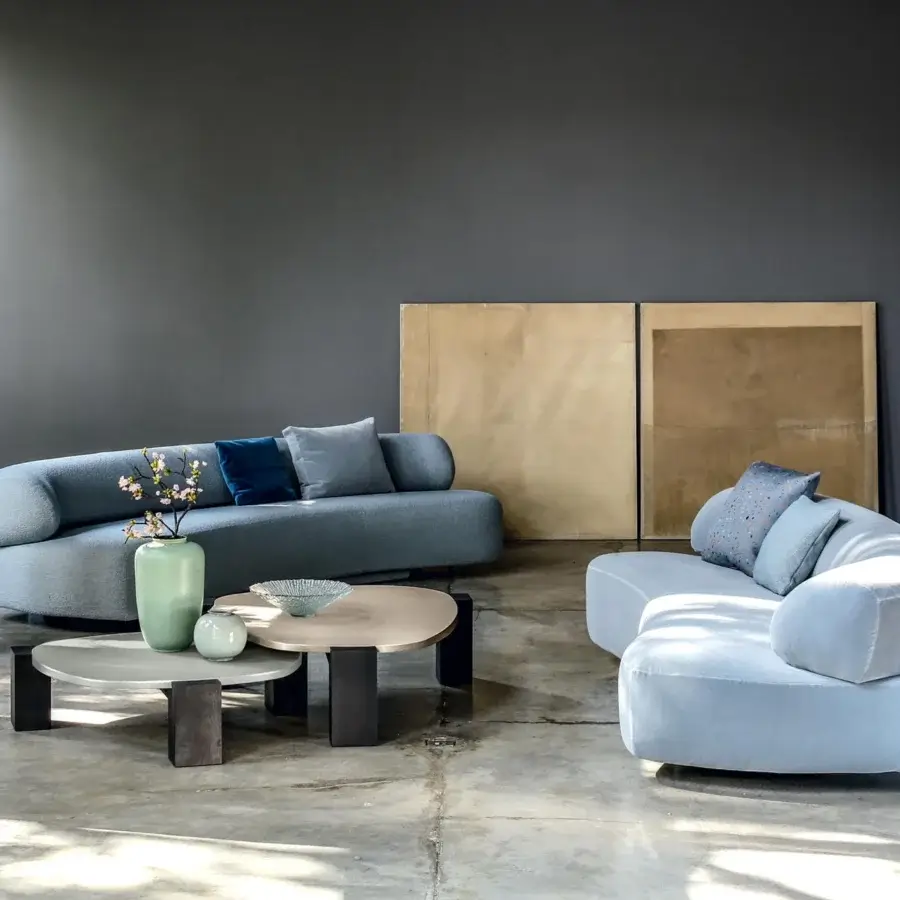 Exceptional Moroso Gogan sofa presenting a light blue textile finish with curved, organic lines and a wooden structure