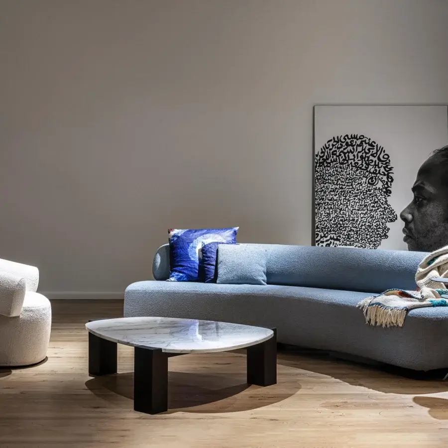 Elegant Moroso Gogan sofa presenting soft, organic curves with a muted blue textile and wooden structure
