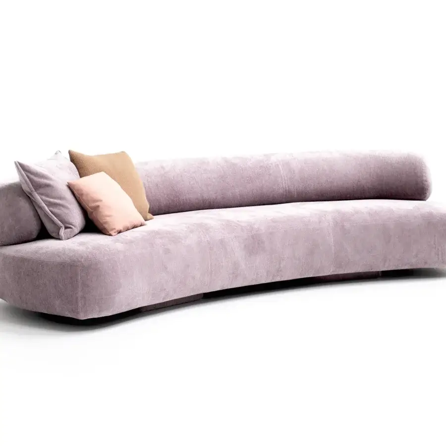 Exceptional Moroso Gogan sofa sculpted like soft stones with matte lavender textile and plush beige, pink, mauve cushions