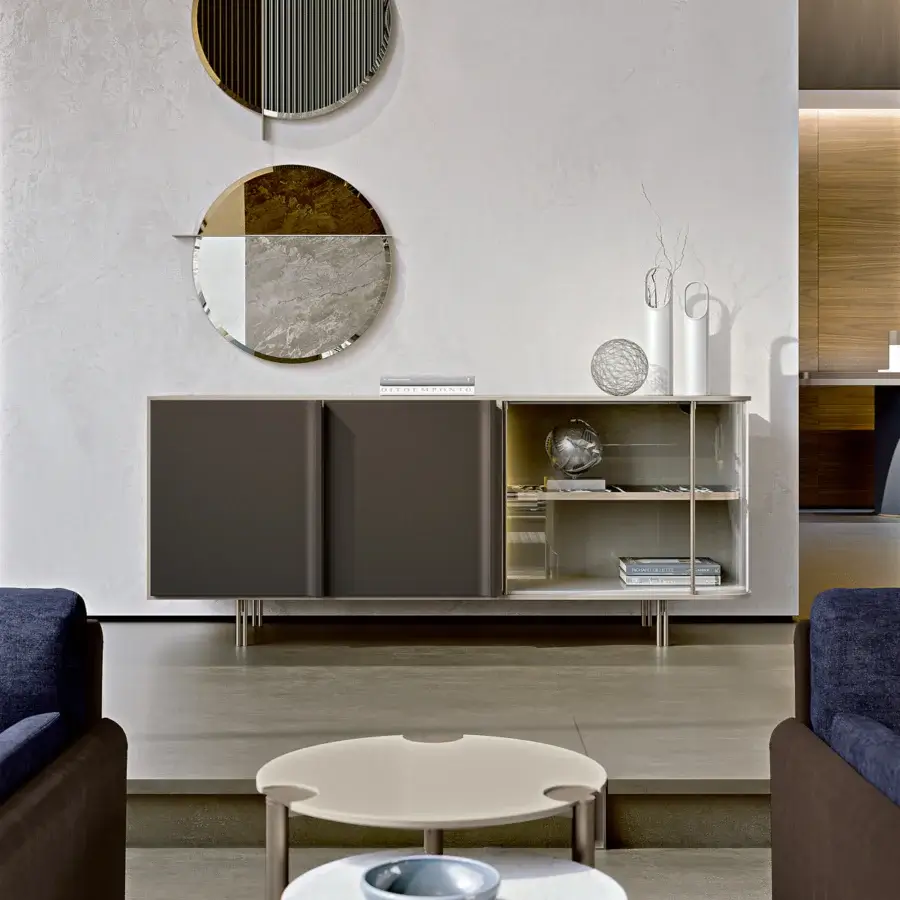 Exclusive Turri Zero side table with dark brown metal legs and overlapping tiers in lacquered wood and white marble-like material