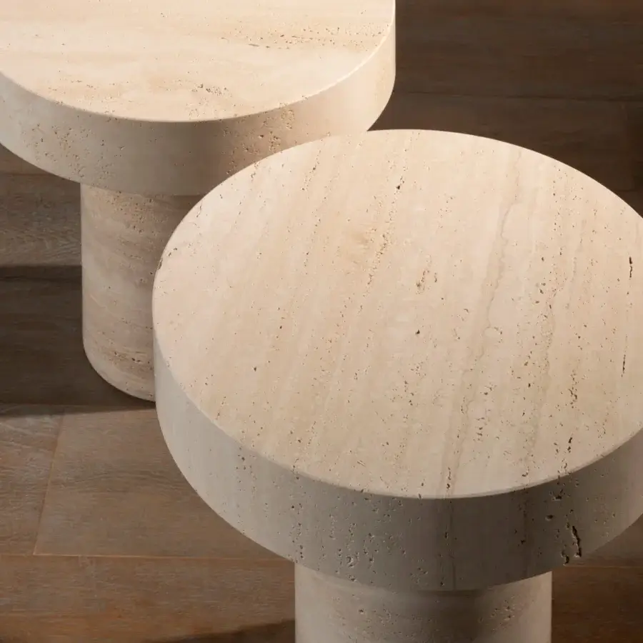Exceptional Bellavista Boletus side table with cylindrical form and round honed marble top in light beige with a textured matte finish