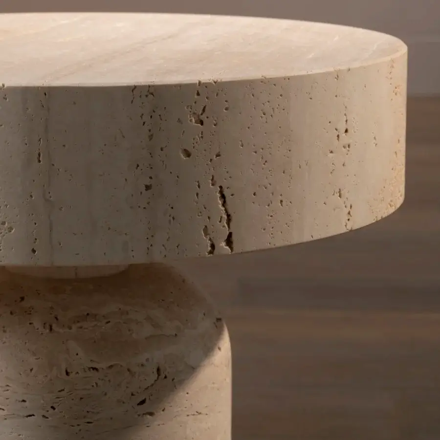 Superior Bellavista Boletus side table with honed solid marble top and cylindrical structure in light beige with matte finish