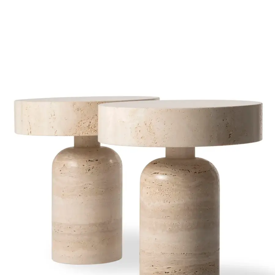 Elegant Bellavista Boletus side table with cylindrical base and round honed marble top crafted in Italy with subtle veining