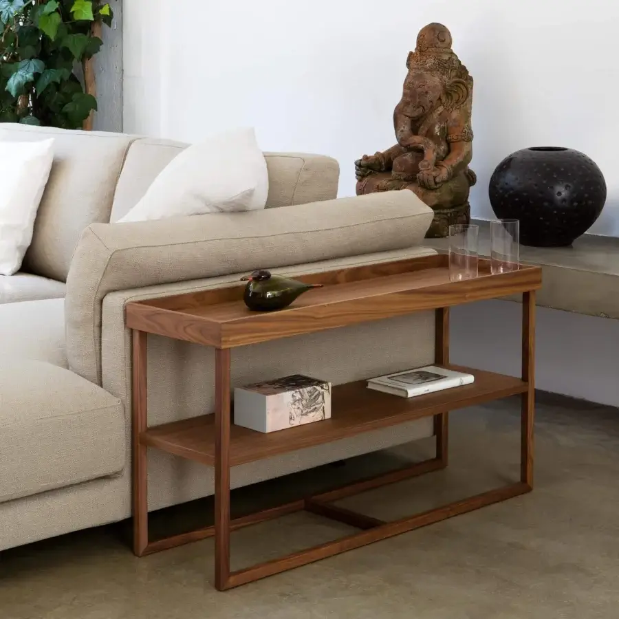 Distinguished Swan Italia Match side table in Canaletto walnut with smooth matte finish and lower shelf