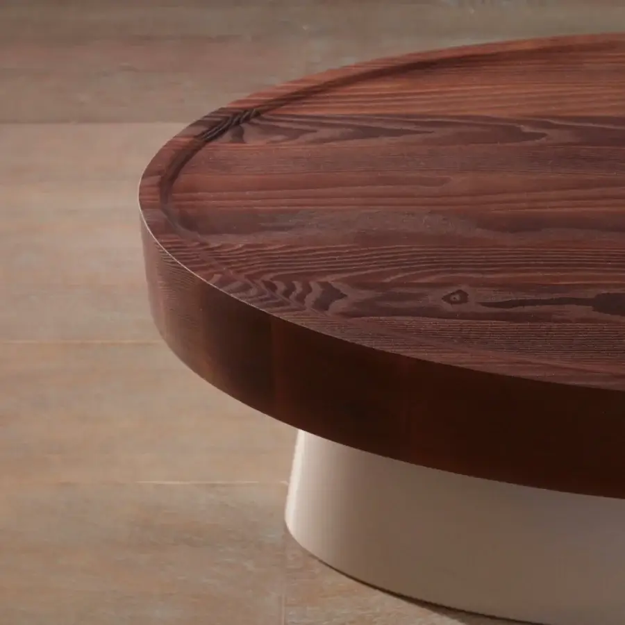 Superior Bellavista Champignon side table in solid Ashwood with reddish-brown grain and off-white lacquered pedestal base